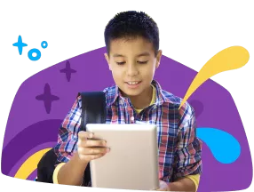 An elementary student reading a tablet below text that reads Schools for Classrooms and districts